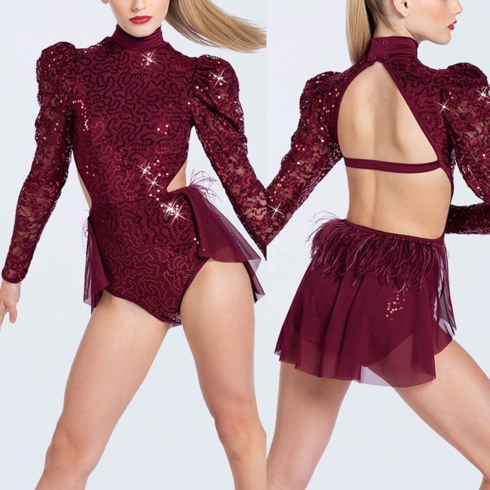 Weissman dance costume burgundy red lace puff sleeve feather Trouble D12666 MA